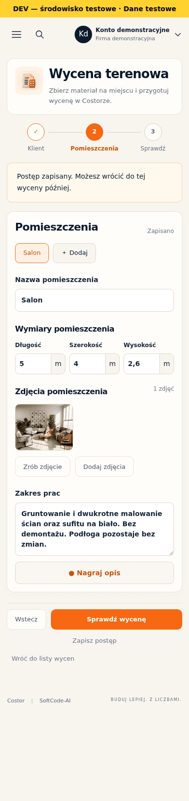 Wycena terenowa na telefonie: pomieszczenie, wymiary, zdjęcie i opis prac