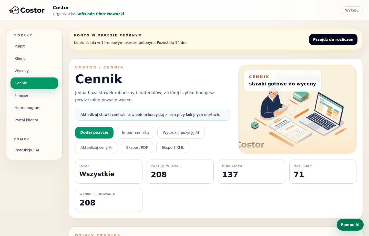 Costor - Cennik